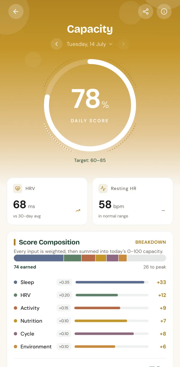PRIMATE body capacity — one score for today